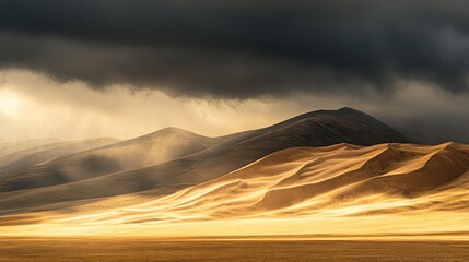 Dramatic desert landscape with golden sand dunes and an ominous storm approaching rapidly