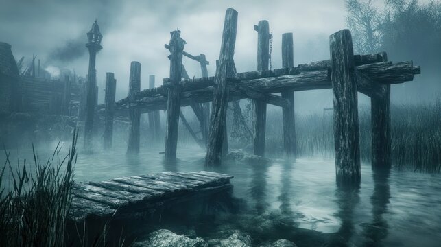 Eerie marshland landscape with weathered wooden pier shrouded in heavy fog and mist offering a - Powered by Adobe