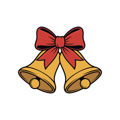 Golden Christmas bells with red festive ribbon, traditional holiday decoration symbolizing celebration, joy, happiness, wedding and seasonal greeting..