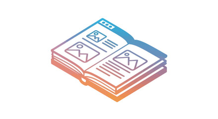 Open book with illustrated pages and text, isometric view.