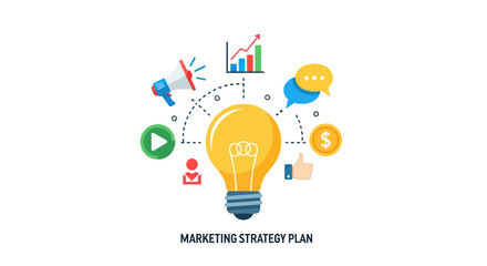 Bright Yellow Lightbulb with Marketing Strategy Elements.