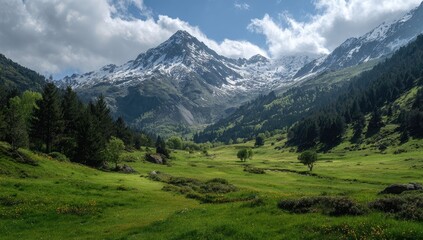 Fototapeta premium Mountain valley scene with lush greenery and snow-capped peak