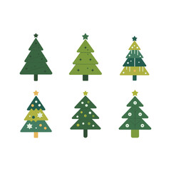 Collection of six flat design decorated Christmas trees with stars, ornaments, and festive decorations isolated on white background illustration