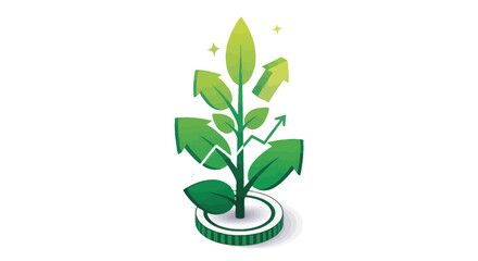 Growing Green Plant with Upward Arrows and Coin Base.