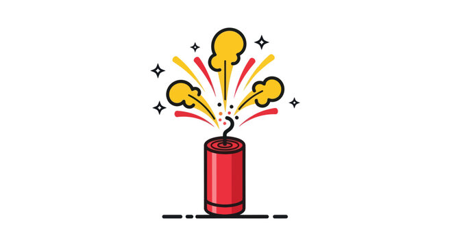 Cartoon red firecracker with a lit fuse exploding with colorful sparks and smoke.