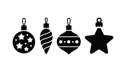 Set of four black silhouette Christmas ornaments including star, bauble, swirl, and festive decoration icons isolated on white background