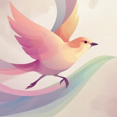 Pink and Yellow Bird Artistically Flying Amidst Soft Ribbon Colors