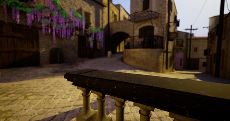 Winding cobblestone street in a picturesque village features rustic buildings and vibrant flowers hanging from balconies under a clear sky during the golden hour of late afternoon.