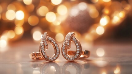 Fototapeta premium Elegant rose gold earrings shimmering against a backdrop of golden bokeh lights