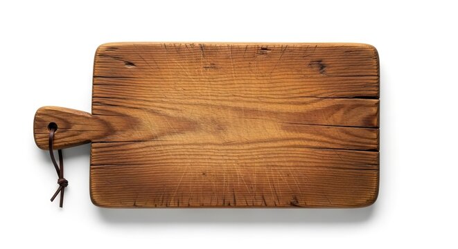 A rustic well-worn wooden cutting board with a handle and a tied leather strap elevated against a plain white background with a subtle shadow