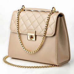 A beige leather handbag with a quilted flap and a gold chain strap on a white background studio shot