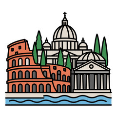 Rome Italy landmarks illustration in flat vector style, Colosseum Pantheon St Peter Basilica 