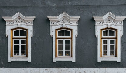 Obraz premium Three ornate windows on a textured gray wall
