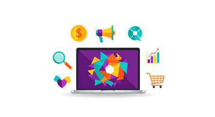 Digital marketing concept with laptop and icons.