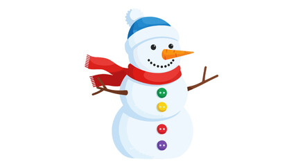A cheerful cartoon snowman wearing a blue winter hat, a red scarf, and colorful buttons. © Leo
