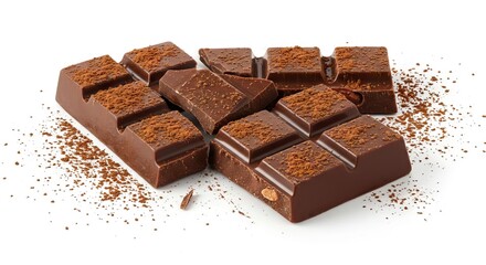 Broken and whole segments of dark chocolate sprinkled with cocoa powder resting on a white surface