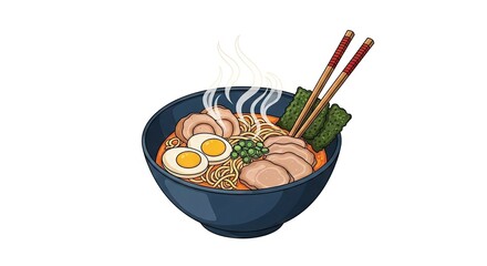 A steaming bowl of noodles broth sliced meat and eggs garnished with green onions and seaweed with chopsticks resting on the rim