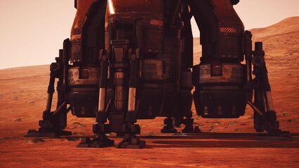 A Martian base landing platform features advanced robotic components situated on the rugged surface of Mars, showcasing the design for future exploration missions on the red planet. © icetray