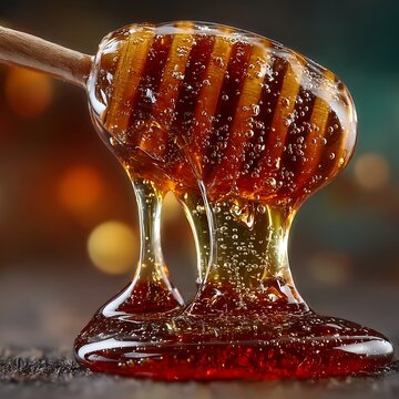 Thick Golden Honey Dripping from a Wooden Honey Dipper Keywords: honey, food, sweet, natural