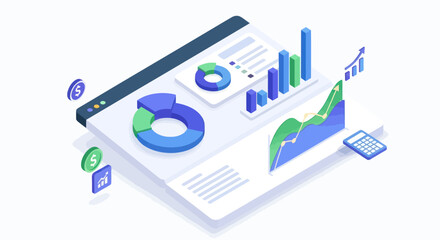 Isometric View of Digital Financial Data Dashboard Display.