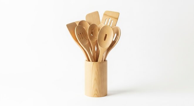 Light-colored wooden kitchen utensils like spoons and spatulas fill a cylindrical wooden holder on a white background