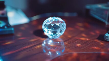 Close-up of a faceted glass sphere on a wooden surface - Powered by Adobe