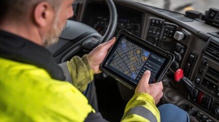 Man operating tablet with digital GPS inside vehicle cabin showing logistics technology, transport navigation, and fleet route optimization.