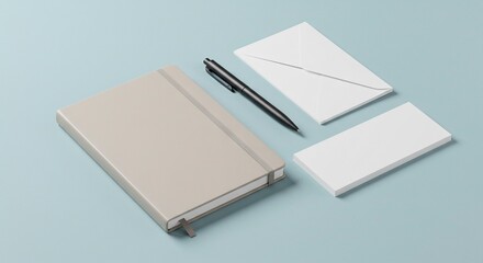 Overhead view of a grey notebook black pen white envelope and white paper stack on a light blue surface