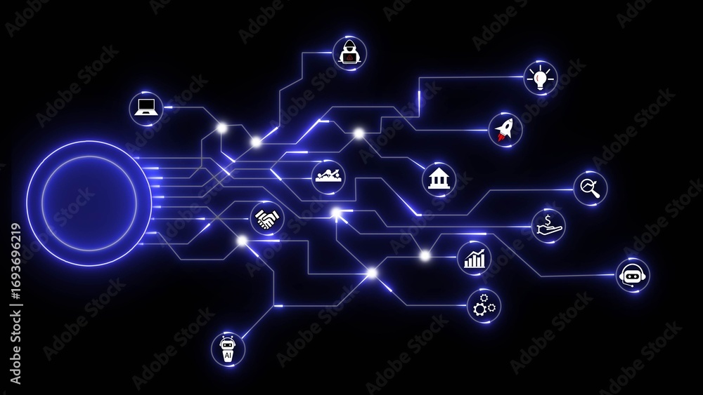 Aufkleber glowing blue digital network with business and technology icons on black background data connection