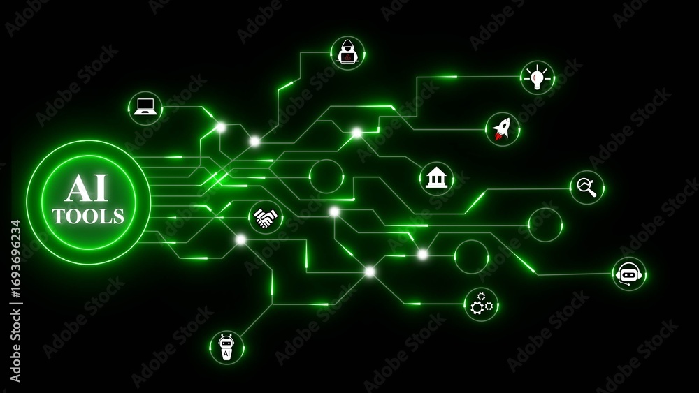 Poster ai tools network with glowing green circuits and technology icons artificial intelligence