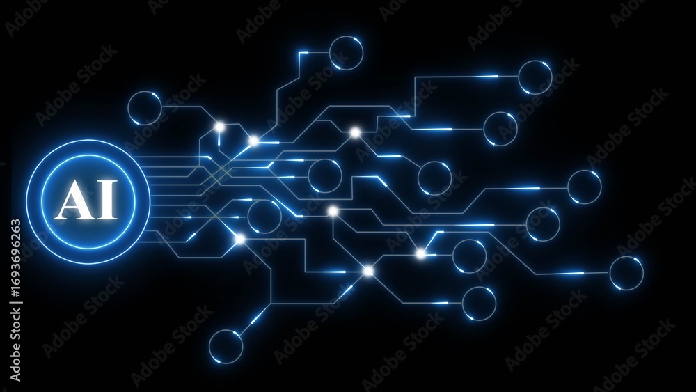 Poster artificial intelligence circuit board with glowing blue lines and nodes on black background technolo