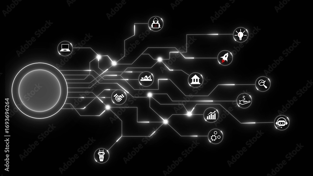 Poster digital network connecting business icons on black background with glowing lines technology connecti