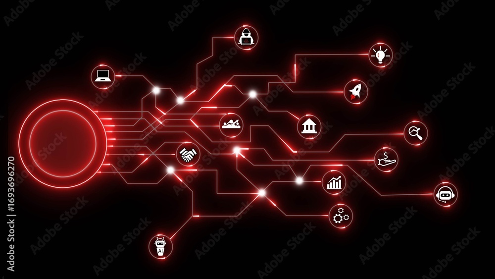 Poster red glowing circuit board with technology and business icons on black background network connection
