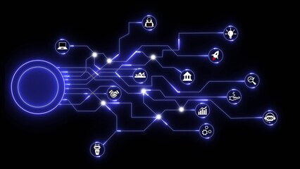 Glowing blue digital network with business and technology icons on black background data connection