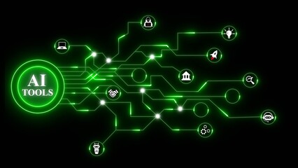 AI tools network with glowing green circuits and technology icons artificial intelligence