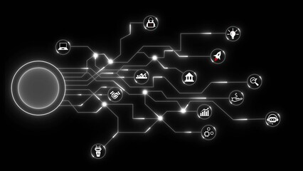 Digital network connecting business icons on black background with glowing lines technology connection
