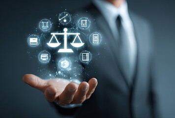 Businessman's hand holds a digital scale of justice with interconnected icons