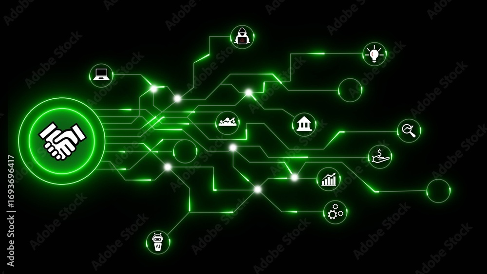 Poster digital network connecting handshake icon with business finance technology and security icons in neo