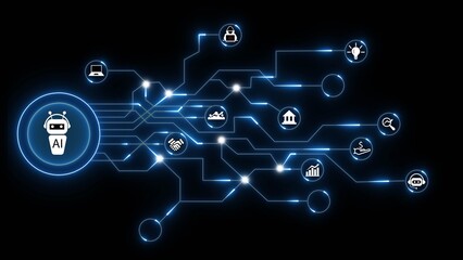 AI robot icon connected to business finance and technology icons on digital circuit board artificial intelligence