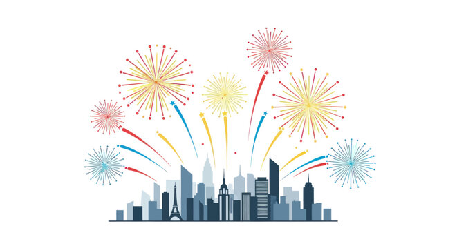 Colorful fireworks exploding over a modern city skyline illustration.