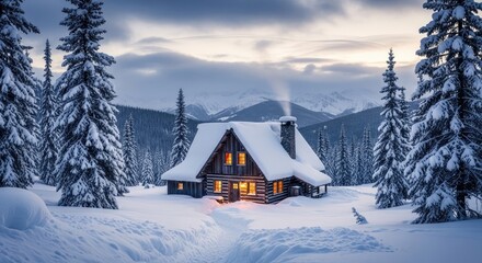 Fototapeta premium Cozy Wooden Cabin Illuminated in a Snowy Winter Forest Landscape, Peaceful and Isolated Wilderness