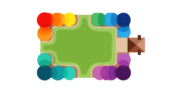 Top-down Colorful Garden Design with Rainbow Trees and a House.