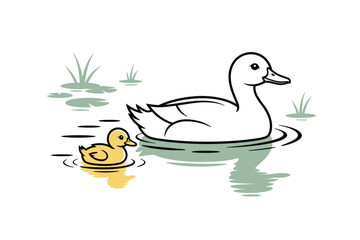 Cartoon Ducks in Pond Illustration: Mother Duck and Duckling Swimming, Cute Design for Kids, Spring Season, Waterfowl, Nature-Themed Projects, and Educational Materials