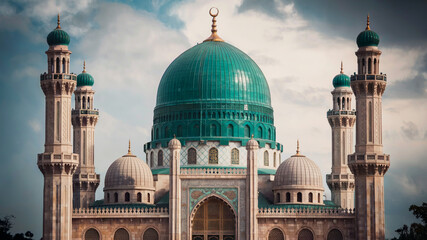 Grand Islamic Mosque with Green Dome and Minarets