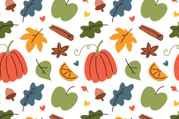 Autumn pattern with colorful leaves, pumpkin, apple, acorns, berries and spices. Flat cartoon vector illustration for seasonal design, harvest, fall holidays, Thanksgiving, decoration and packaging