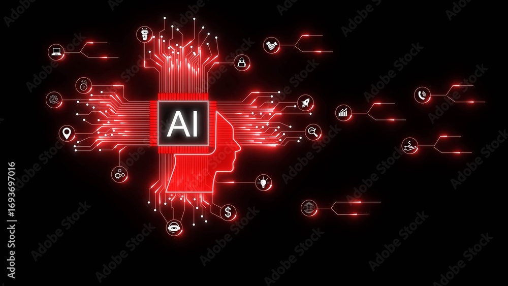 Poster red ai brain circuit board with glowing icons on black background artificial intelligence head