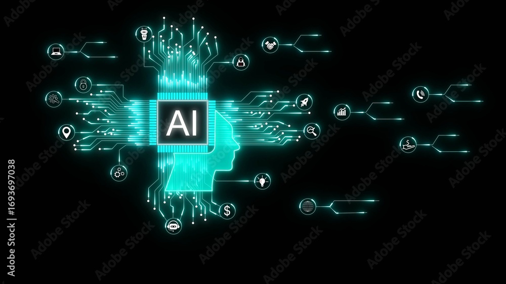 Poster glowing ai brain circuit board with connected icons on black background artificial intelligence head