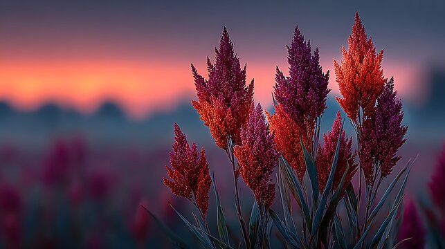 Vibrant Red and Purple Seed Heads Against a Sunset Sky Keywords: nature, plants, seed heads