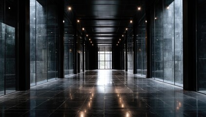 Dark, modern hallway with polished stone flooring