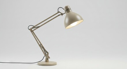 A beige adjustable light fixture with a glowing bulb stands on a plain background